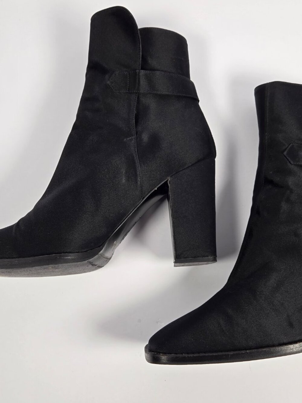 Chanel Vintage Black Satin Ankle Boots Block Heel Buckle Square Toe CC Logo - Picture 5 of 6
